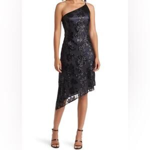 Alex & Eve Sequined Embroidered One-Shoulder Asymmetrical-Hem Sheath Dress Sz 16